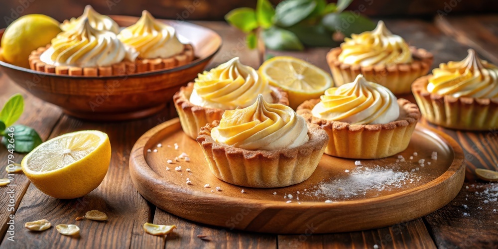 Poster lemon tartlets with whipped cream and a sprinkle of sugar on a rustic wooden table