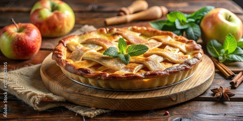 Poster a rustic still life featuring a freshly baked apple pie with a lattice crust, surrounded by fresh ap