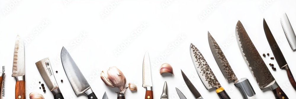 Poster various types of kitchen knives are arranged neatly on a white background, showcasing their unique d