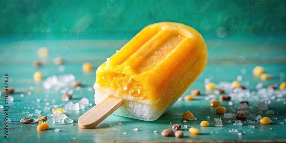 Poster a partially eaten frozen treat on a turquoise wooden table with a scattering of salt crystals and ot
