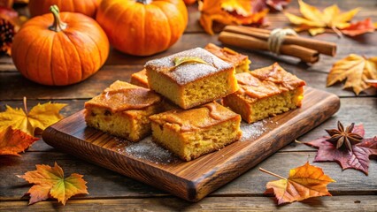 Fototapeta premium Pumpkin Spice Cake Squares with Powdered Sugar on Wooden Cutting Board Surrounded by Autumn Leaves