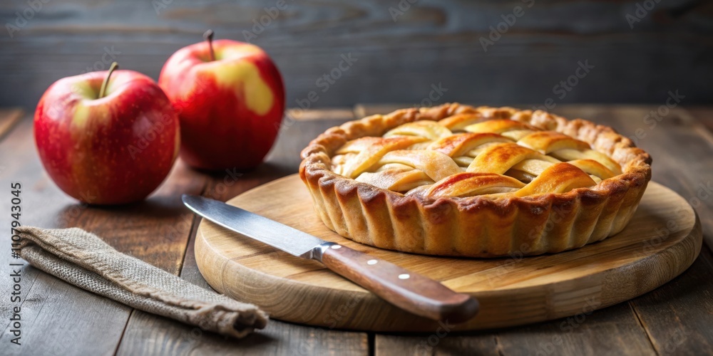 Poster a golden brown lattice-top apple pie sits on a wooden cutting board, accompanied by two fresh apples