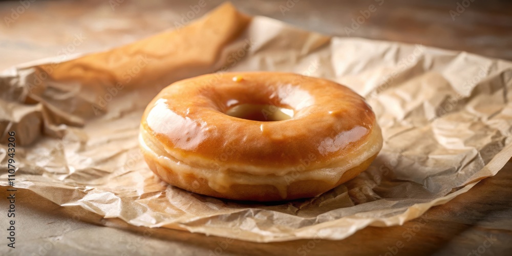Poster a single glazed donut resting on a crumpled piece of parchment paper, ready for a delicious bite.