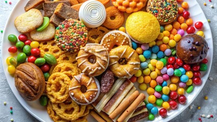 A colorful assortment of sweet treats including assorted candies, cookies, and donuts on a white plate