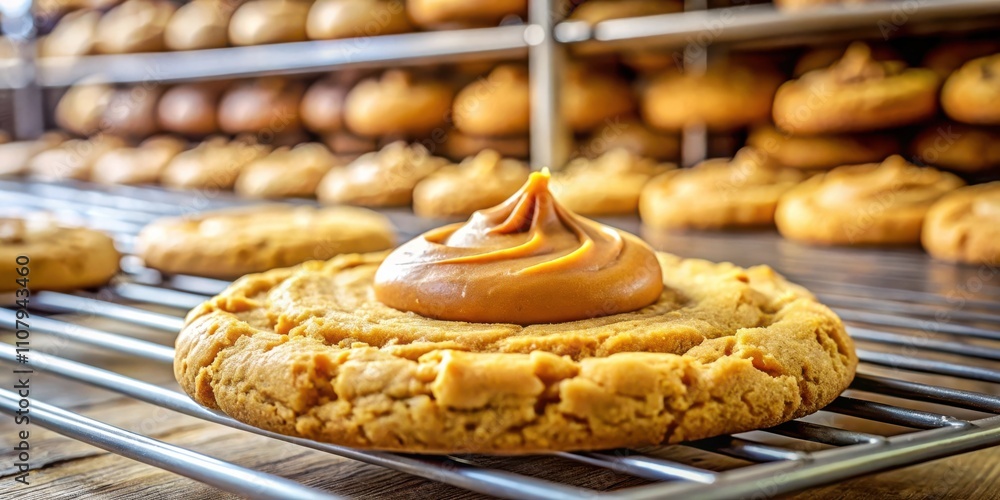 Poster a freshly baked, golden-brown cookie with a generous swirl of caramel frosting sits on a cooling rac