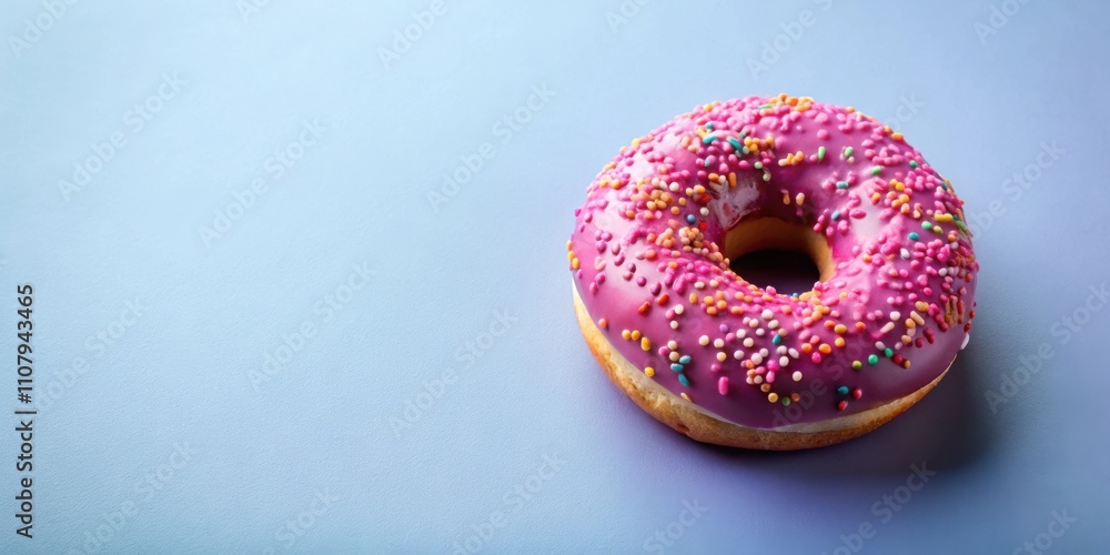 Poster a single, pink frosted donut with colorful sprinkles rests on a blue surface, creating a vibrant con