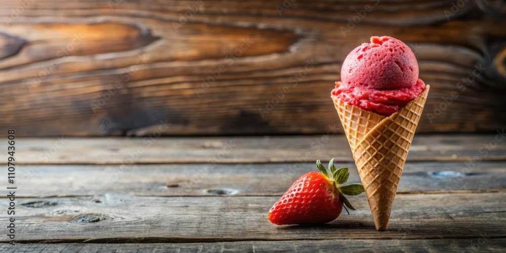 Poster a single scoop of red berry ice cream in a waffle cone sits beside a bright red strawberry on a weat