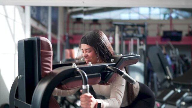Latina woman doing squats on the hack squat machine in the gym, mourning routine and wellness concept