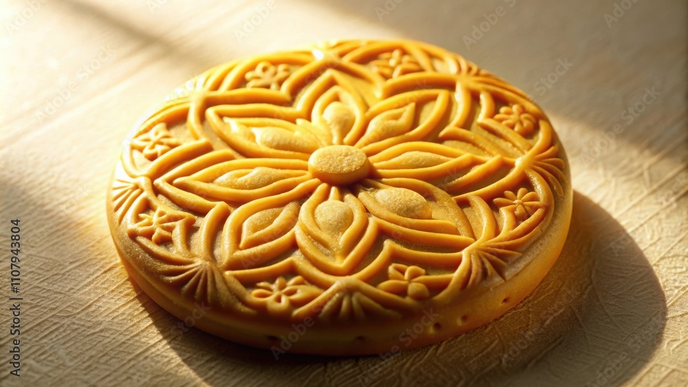 Poster a golden embossed cookie with intricate floral patterns, bathed in warm sunlight, rests on a texture