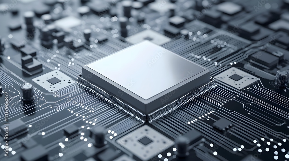 Poster high-tech microchip, intricate circuitry, gleaming surface. modern technology, precision engineering