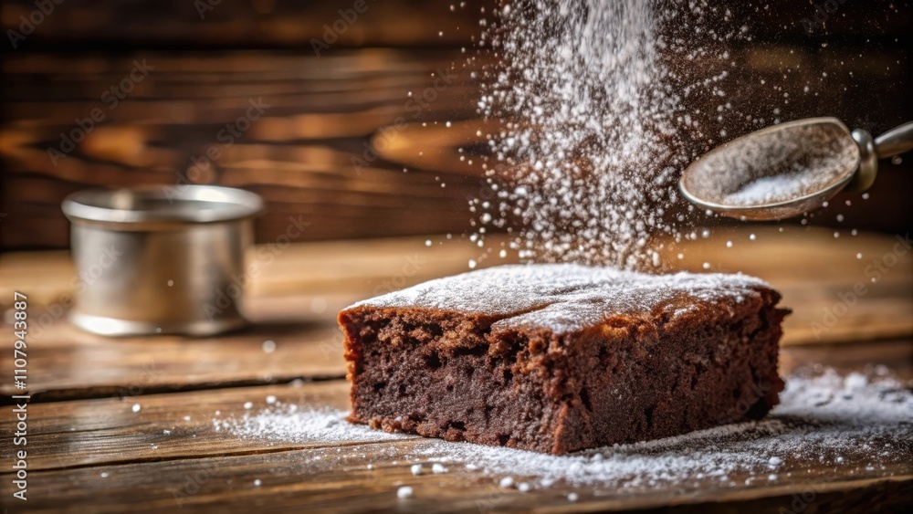 Poster a decadent chocolate brownie with powdered sugar being dusted over it, resting on a rustic wooden su