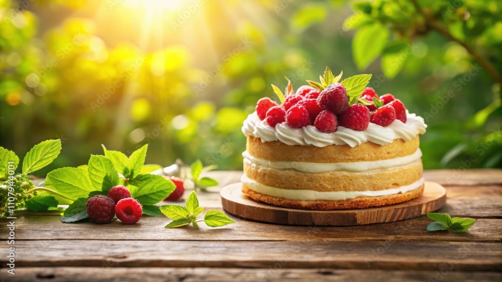 Poster a delicious raspberry cake with cream and fresh mint on a rustic wooden table in a sunlit garden