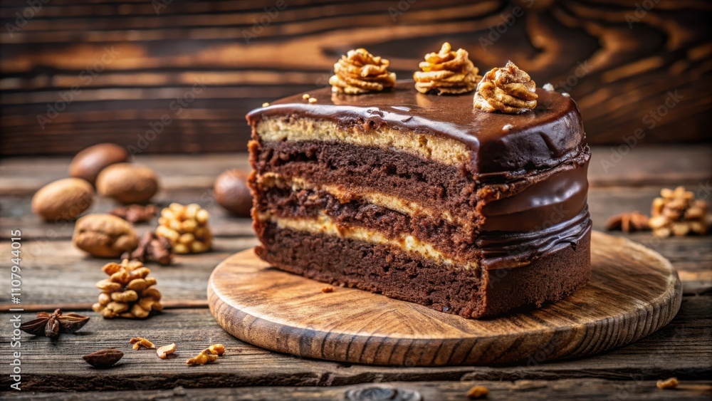 Poster a decadent chocolate cake with layers of rich frosting, adorned with delicate nut clusters, sits on 