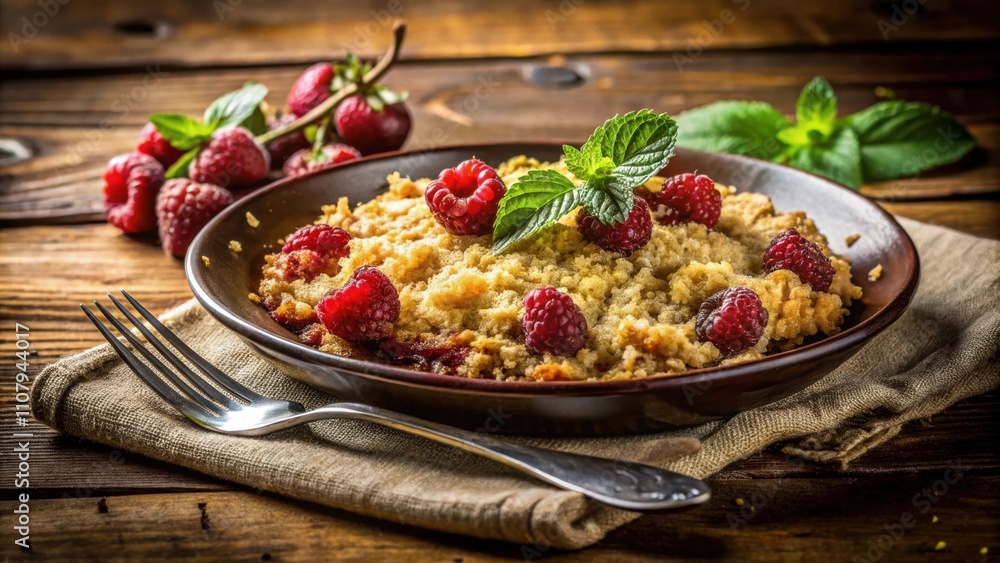 Poster a rustic dessert with a golden brown crumble topping and plump raspberries, served in a rustic brown