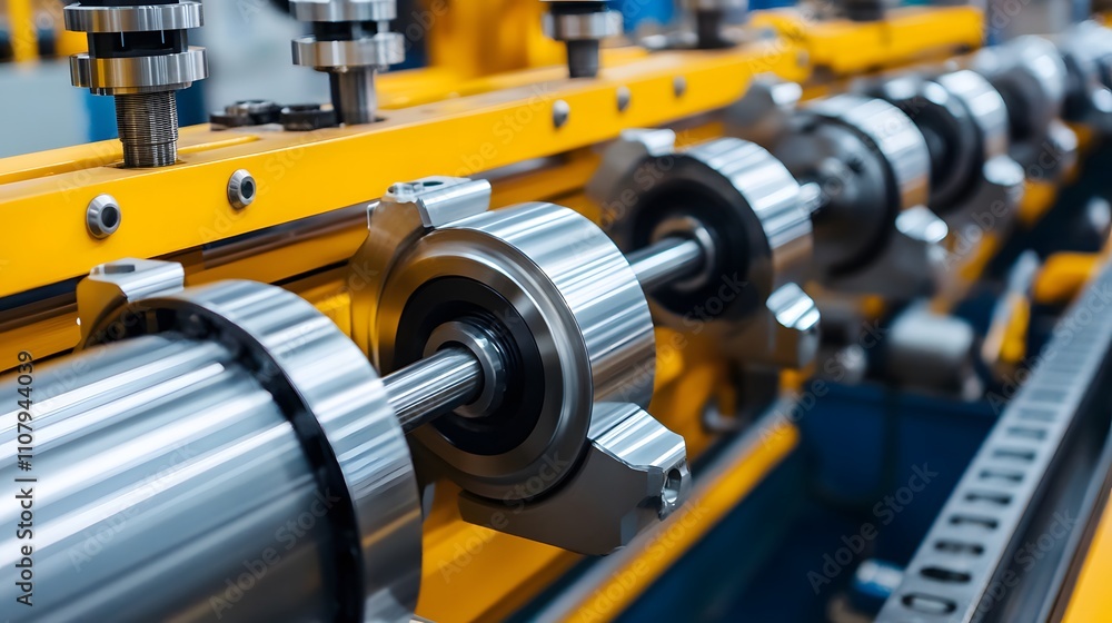 Poster precision engineering:close-up view of advanced sheet metal rolling and forming machine components. 