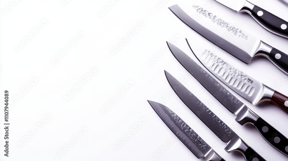 Poster a collection of kitchen knives is neatly organized on a white surface, highlighting their sharp blad