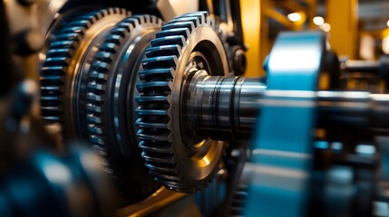 Fototapeta premium Precisely meshed industrial gears, a symphony of steel and motion, reflecting power and precision in manufacturing.