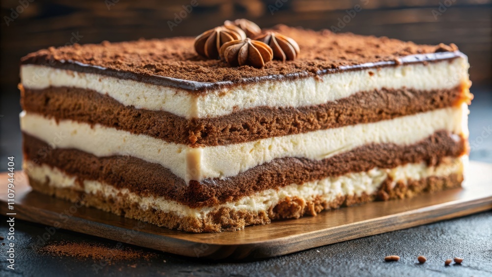 Poster a close-up view of a freshly baked layered chocolate dessert with a dusting of cocoa powder, resting