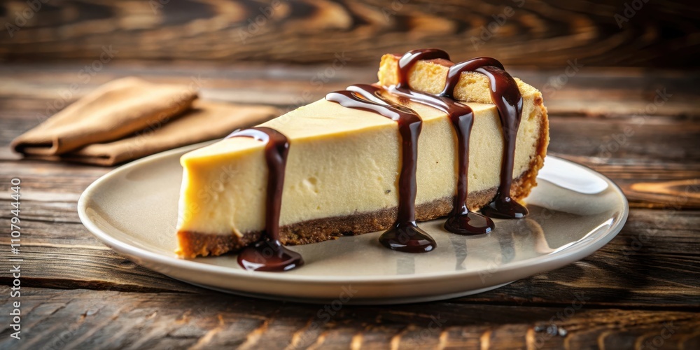 Poster a slice of cheesecake with a rich chocolate sauce drizzled over it, resting on a simple plate, creat