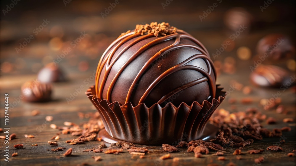 Aufkleber A decadent chocolate sphere with intricate drizzled designs rests on a bed of cocoa nibs, highlighting the luxurious and indulgent nature of the treat.