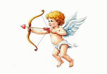 Watercolor painting of cupid aiming his bow and arrow with a heart tip, symbolizing love and valentine's day