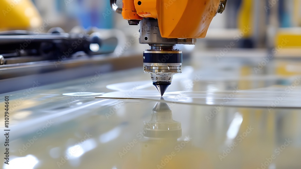 Poster robotic arm precisely cuts polymer sheets; a glimpse into advanced manufacturing precision and autom