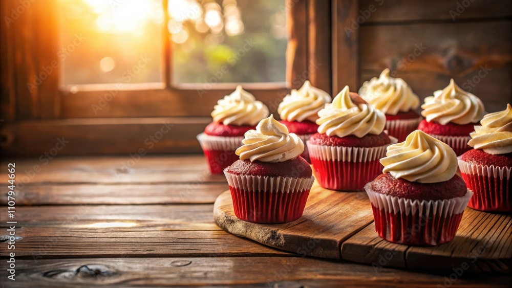 Poster a delightful arrangement of red velvet cupcakes with creamy white frosting, presented on a rustic wo