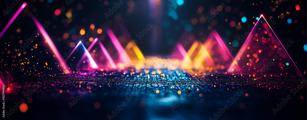 Poster Vibrant colors illuminate geometric shapes creating an artistic display in a dark space at night