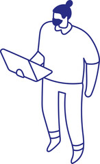 Obraz premium Man standing with laptop hand drawn linear isometric vector illustration