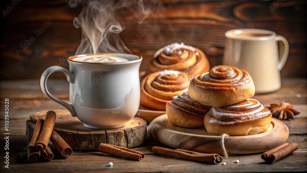Poster steaming cup of coffee and a stack of cinnamon rolls on a rustic wooden table