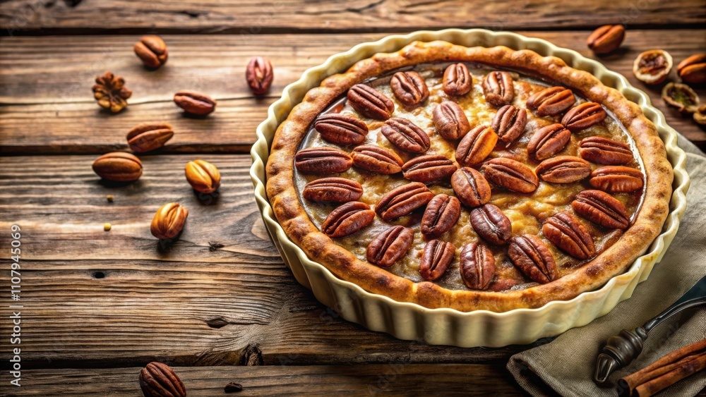 Poster pecan pie fresh from the oven, ready to be sliced and served on a rustic wooden table