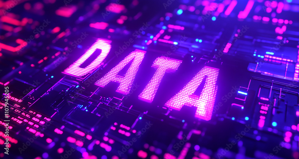 Poster Bright neon data display on a circuit board in a digital technology setting at night