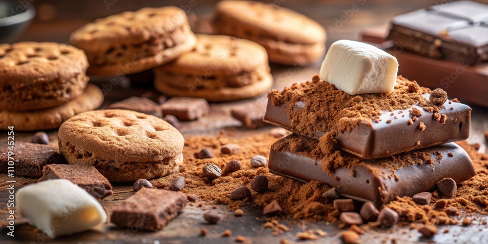 Poster A close-up shot of a stack of chocolate bars covered in cocoa powder with a marshmallow on top, surrounded by cookies and chocolate pieces on a wooden surface