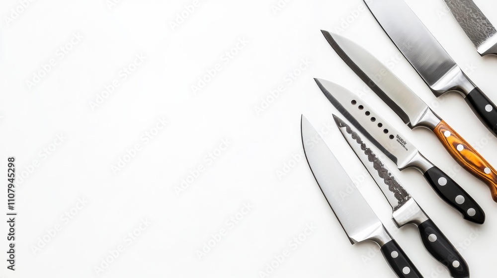 Poster a collection of kitchen knives is arranged in order on a white background, showcasing various sizes 