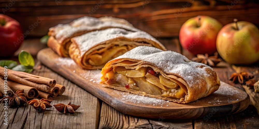 Poster apple strudel with powdered sugar and cinnamon sticks on a rustic wooden table