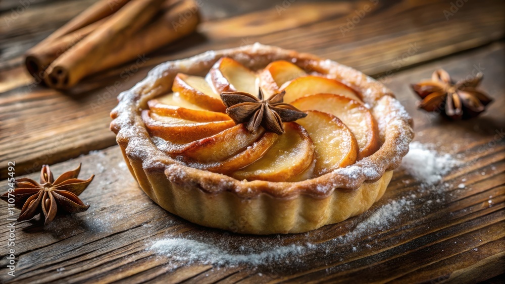 Poster a delectable apple tart with a dusting of powdered sugar, featuring a whole star anise for a touch o