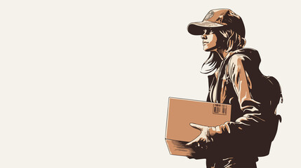 Grunge Delivery Woman Carrying Box Package Service Vector