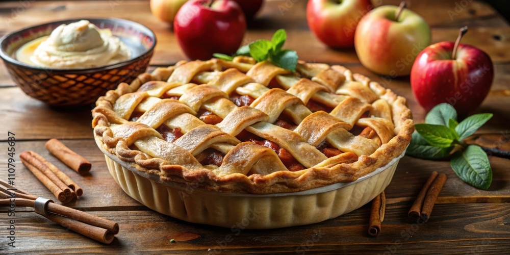 Poster a freshly baked apple pie with a golden crust, surrounded by cinnamon sticks and ripe apples. the pi
