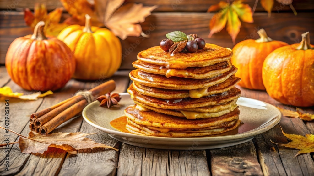 Aufkleber A Stack of Autumn-Inspired Pancakes with a Drizzle of Maple Syrup and Topped with Berries and Nuts, Served Beside Pumpkins and Cinnamon Sticks on a Rustic Wooden Table