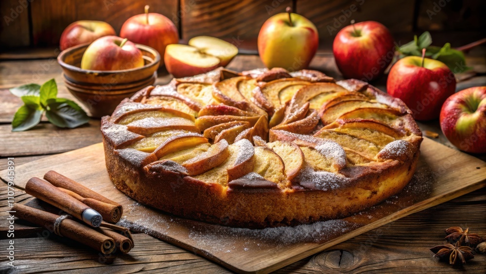 Poster a delectable apple pie dusted with powdered sugar, surrounded by fresh apples and cinnamon sticks, c