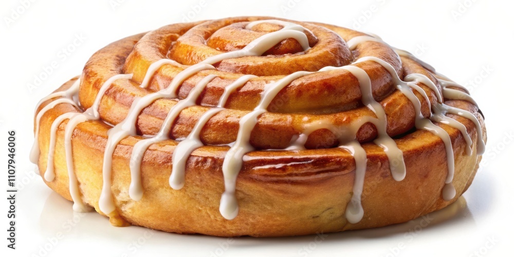 Poster a freshly baked cinnamon roll, glazed with a generous layer of sweet icing, sits invitingly on a whi