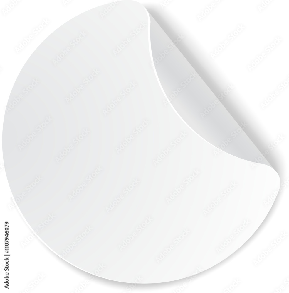 Poster round white blank sticker with folded corner lifting up, creating a three dimensional effect, ideal 
