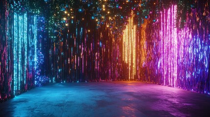 A festive holiday scene with a backdrop of LED tinsel decorating the walls, glowing in vibrant colors for a holiday party