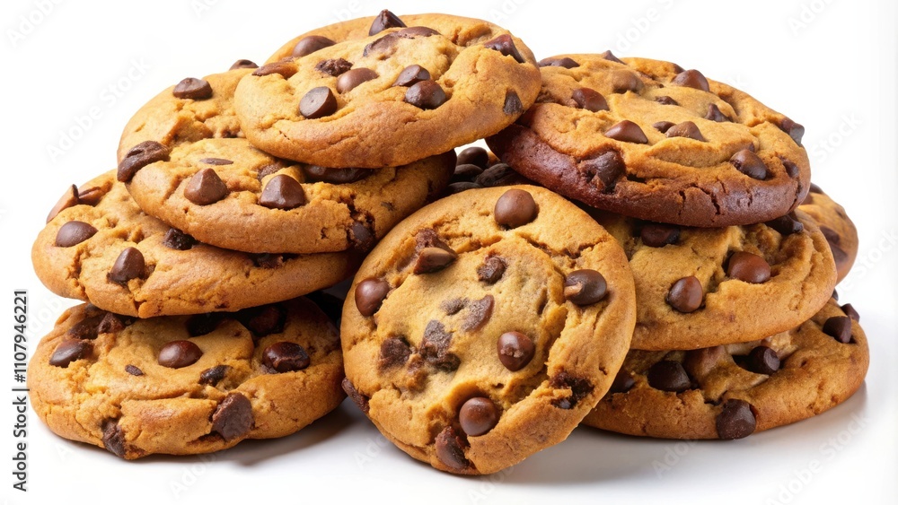 Poster a close-up view of a stack of golden brown chocolate chip cookies, freshly baked and ready to be dev