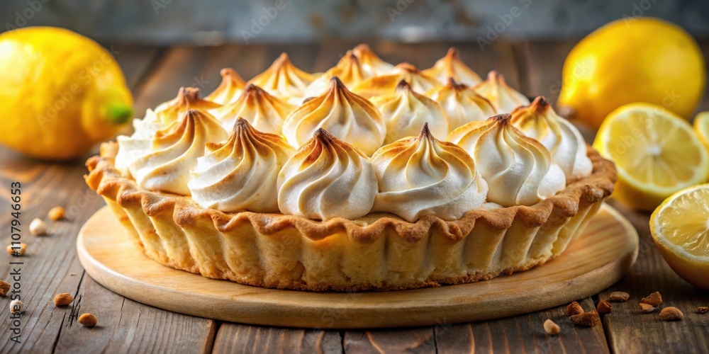 Poster a golden crust lemon meringue pie topped with toasted meringue swirls and surrounded by lemons on a 