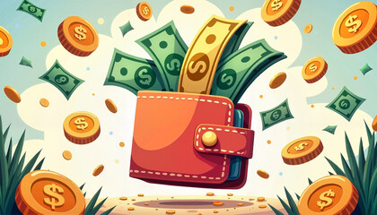 Cartoon wallet bursting with colorful bills and coins, playful and vibrant money background