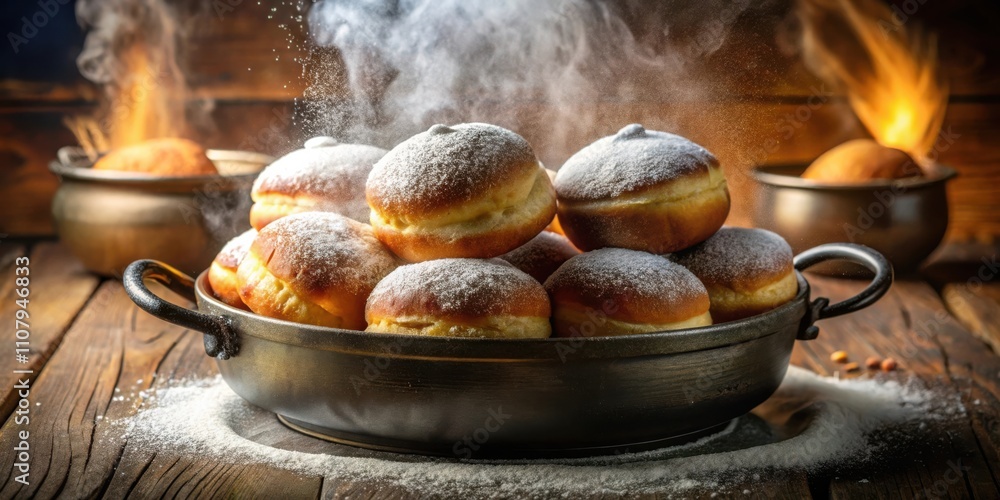 Poster a rustic bowl overflowing with freshly baked doughnuts, dusted with powdered sugar and steam rising 