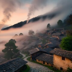 Enchanting Mountain Fog Village Image – Ideal for Nature and Travel Designs