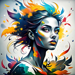 Naklejka premium Artistic portrait of a young woman with colorful hair and abstract patterns