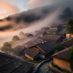 Enchanting Mountain Fog Village Image – Ideal for Nature and Travel Designs